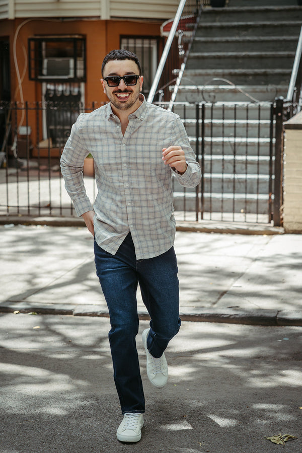 Linen Blend Button Down Shirt Beige Plaid