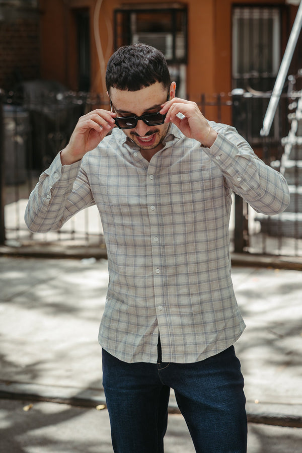 Linen Blend Button Down Shirt Beige Plaid