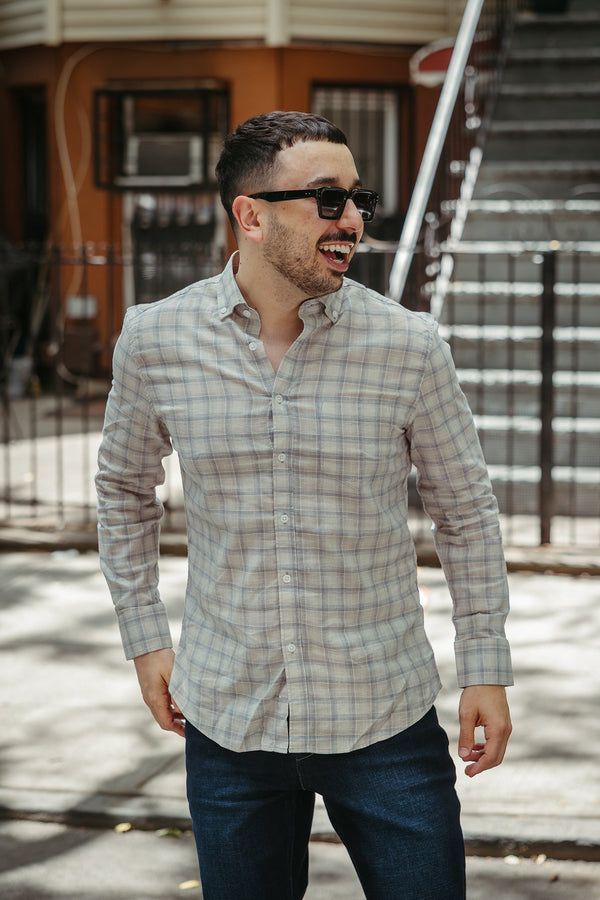 Linen Blend Button Down Shirt Beige Plaid