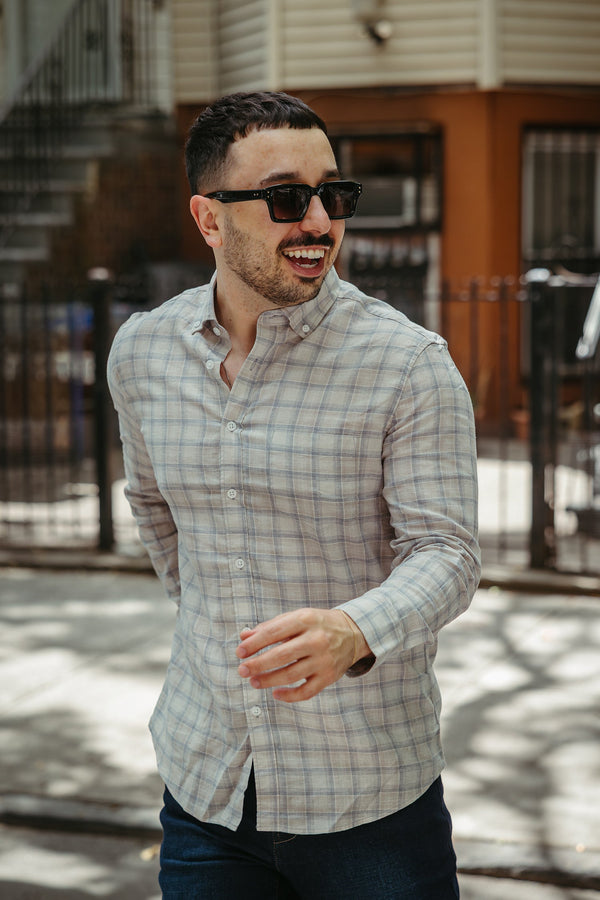 Linen Blend Button Down Shirt Beige Plaid