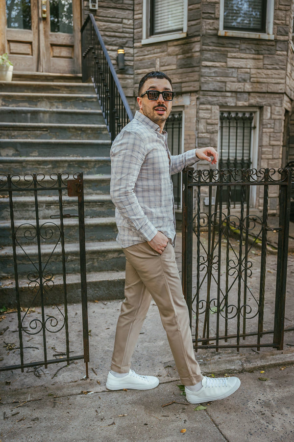Linen Blend Button Down Shirt Beige Plaid