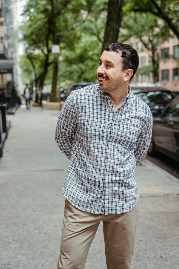 Linen Blend Button Down Shirt Navy Red Plaid