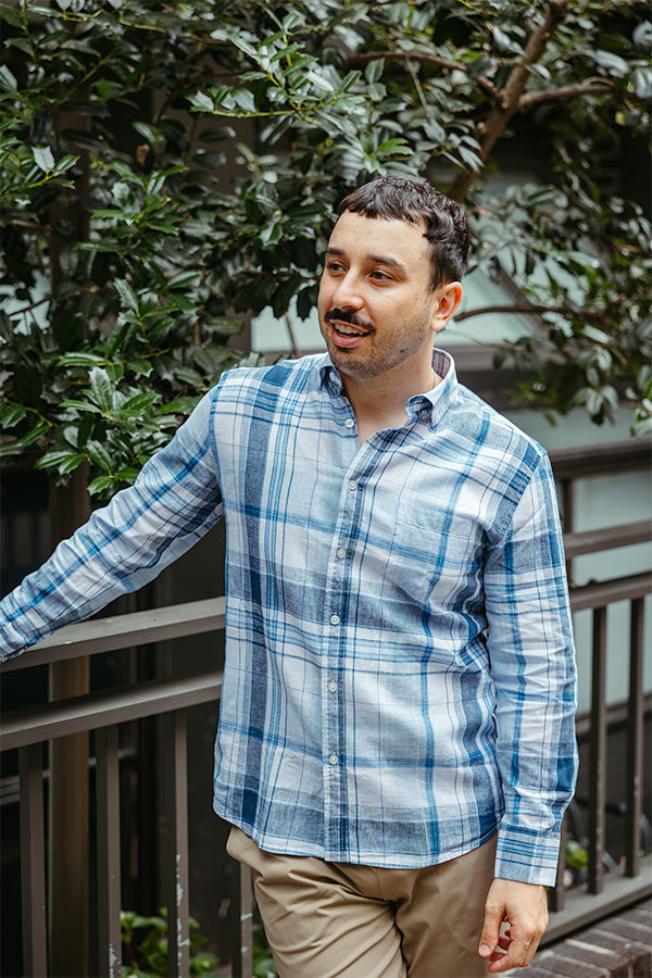 Linen Blend Button Down Shirt Sky Blue Plaid