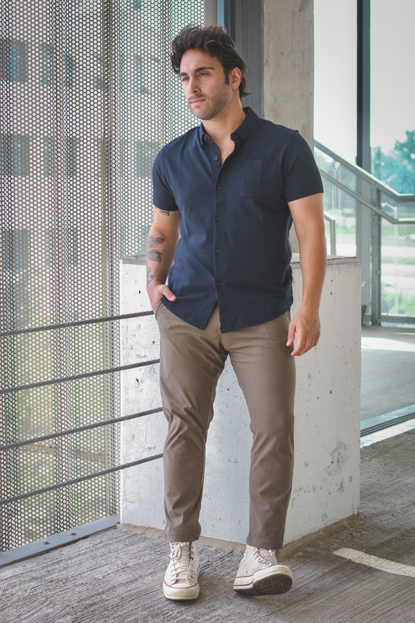 Performance Pique Short Sleeve Button Down Shirt Navy
