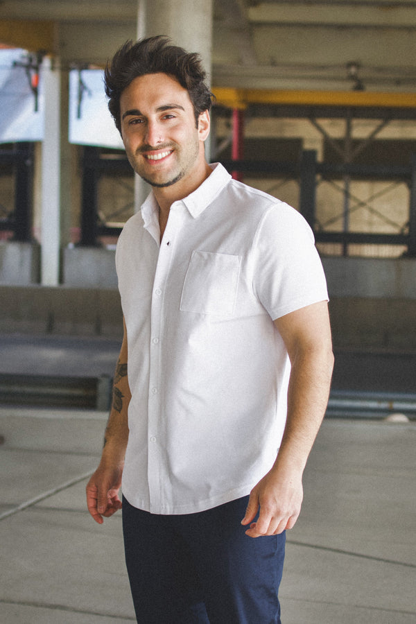 Performance Pique Short Sleeve Button Down Shirt White